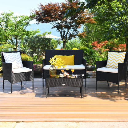 4PCS Rattan Patio Furniture Set Cushioned Sofa Chair Coffee Table Navy