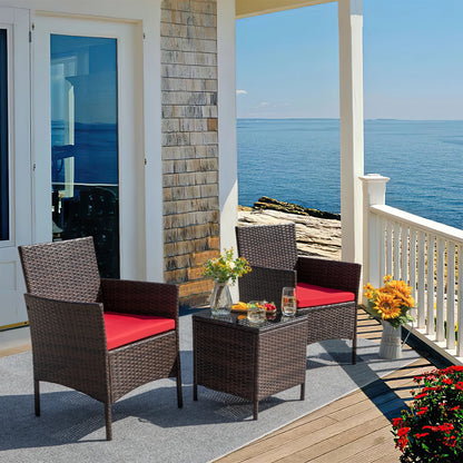 3 Pieces Patio Furniture Set Outdoor PE Rattan Wicker Patio Conversation Set Bistro Set with Tempered Glass and Cushioned Chairs, Brown/Beige