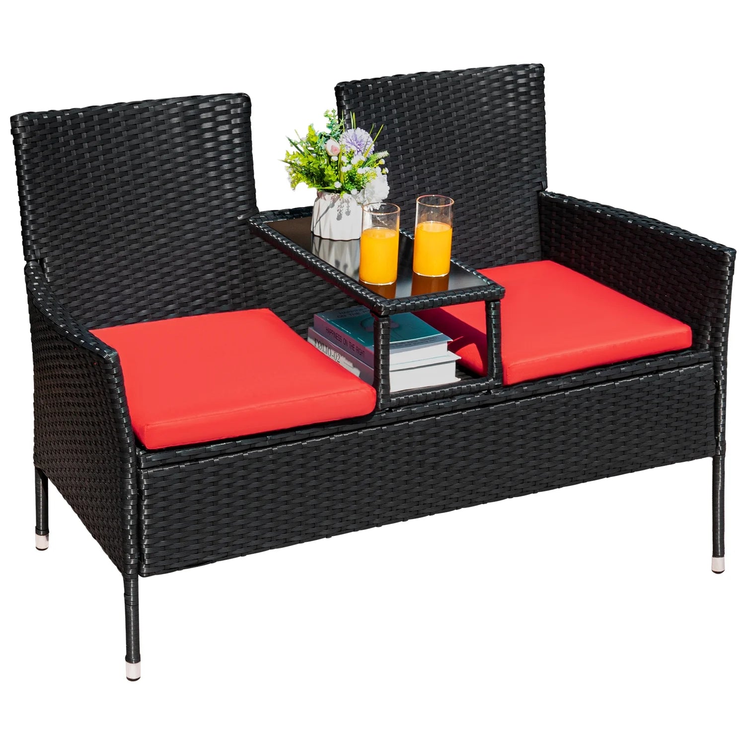 Outdoor Patio Loveseat Modern Rattan Patio Conversation Furniture Set with Cushions and Built-In Coffee Table Porch Furniture for Garden Lawn Backyard, Red