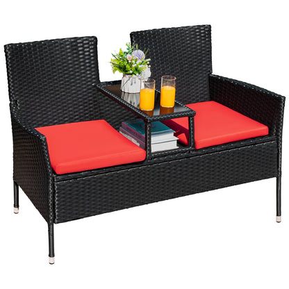 Outdoor Patio Loveseat Modern Rattan Patio Conversation Furniture Set with Cushions and Built-In Coffee Table Porch Furniture for Garden Lawn Backyard, Red