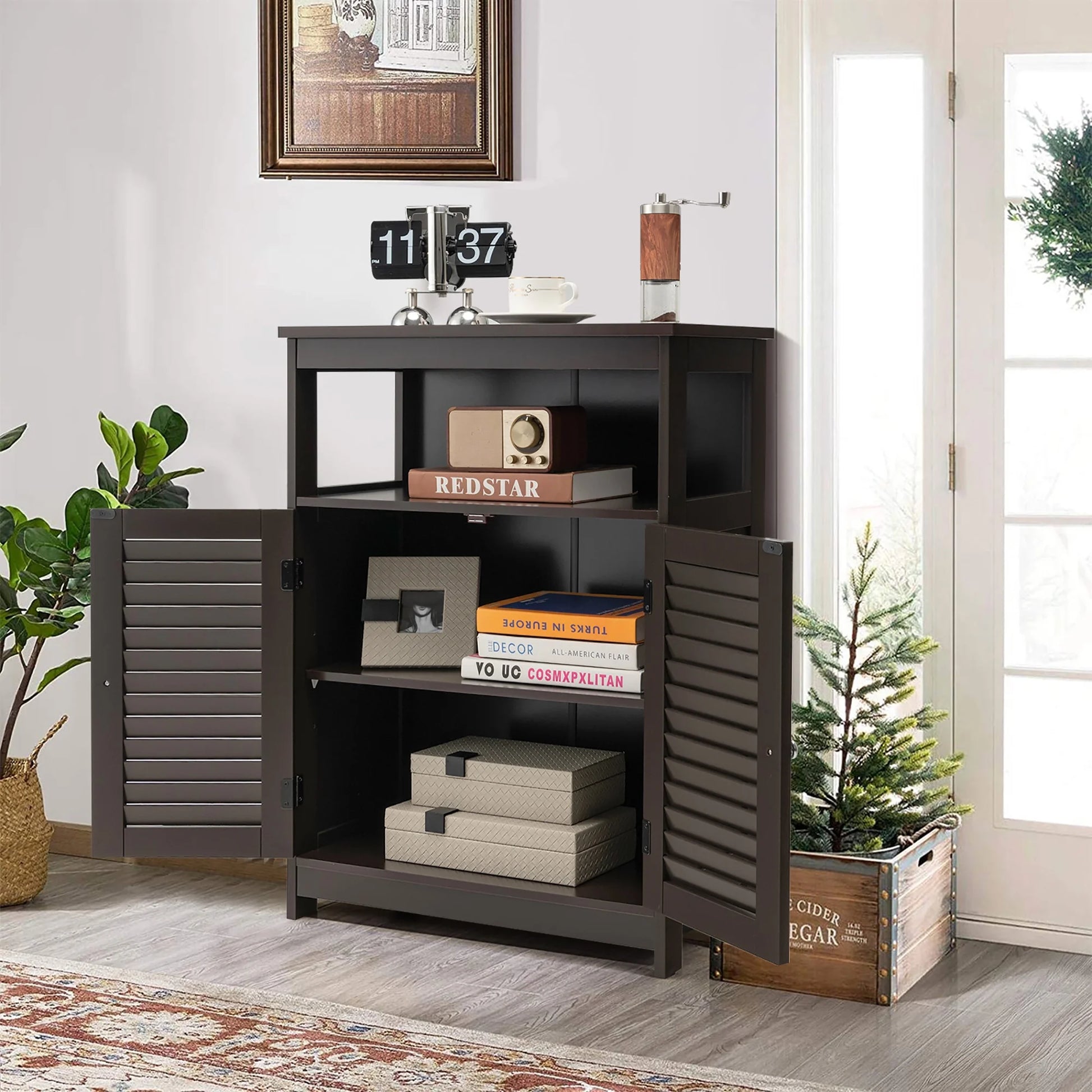 Bathroom Storage Wood Floor Cabinet with Double Shutter Door Coffee