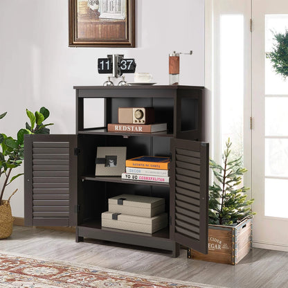 Bathroom Storage Wood Floor Cabinet with Double Shutter Door Coffee