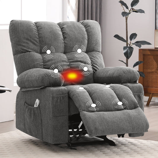 Manual Recliner Chair with Heat Therapy and Massage Function, Heavy Duty Reclining Mechanism Massage Chair, Elderly Single Rocker Sofa with Cup Holders for Bedroom Home Theater,Grey