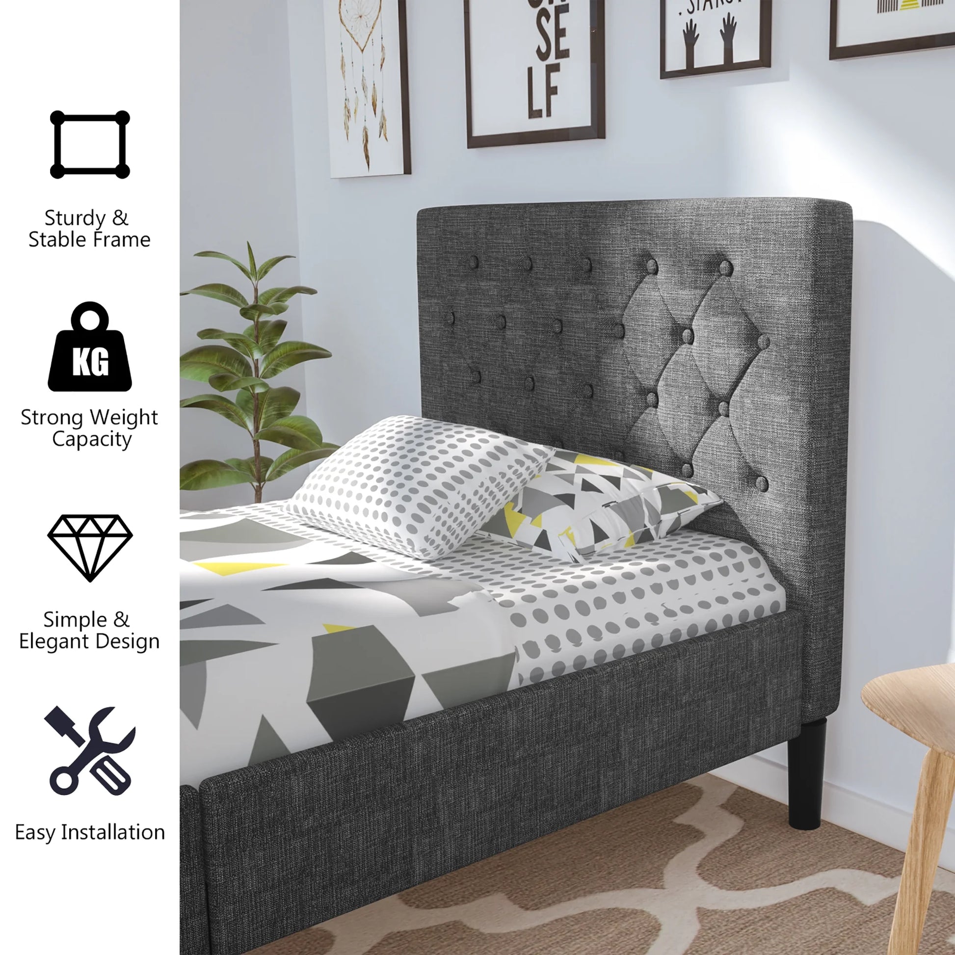 Twin Upholstered Bed Frame Diamond Stitched Headboard Wood Slat Support