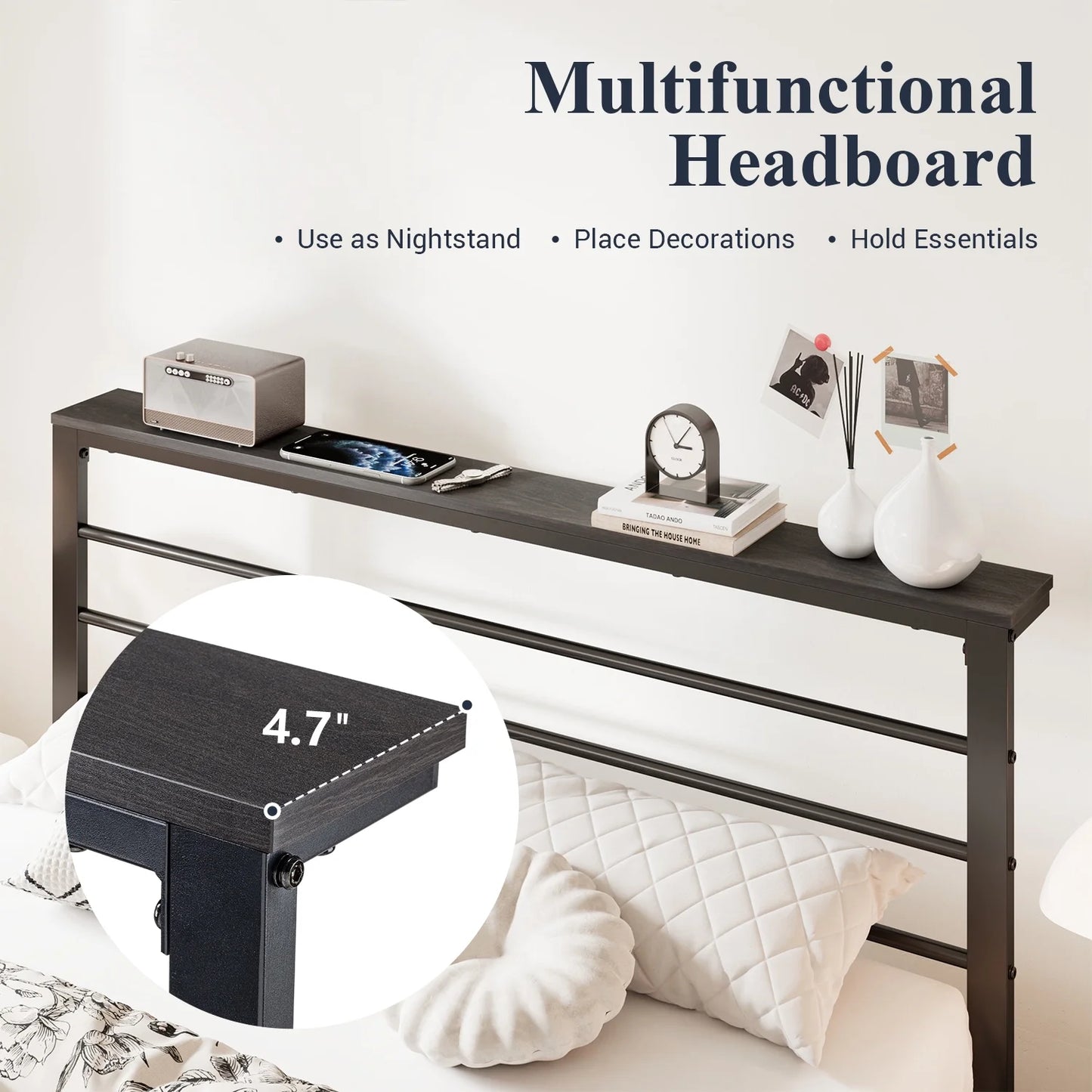 Twin Size Metal Platform Bed Frame with Black Shelf Headboard & Storage, Adult