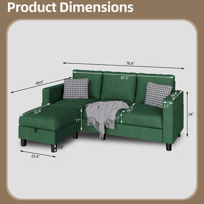 Convertible Sectional Sofa Couch, Modern Linen Fabric L-Shaped 3-Seat Sofa Sectional with Reversible Chaise for Small Space (Green)