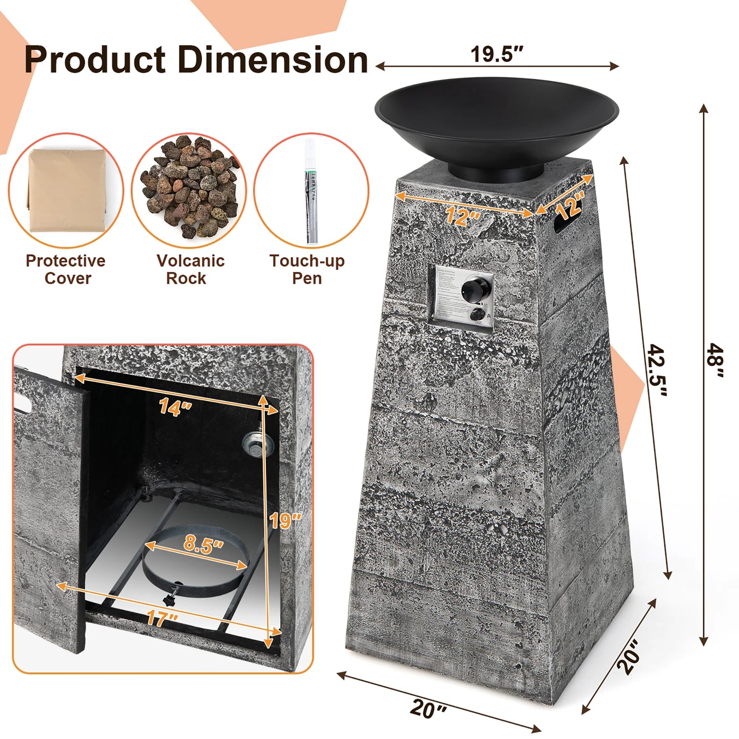 48'' Outdoor Propane Fire Bowl Column W/ Lava Rocks & PVC Cover 30,000 BTU
