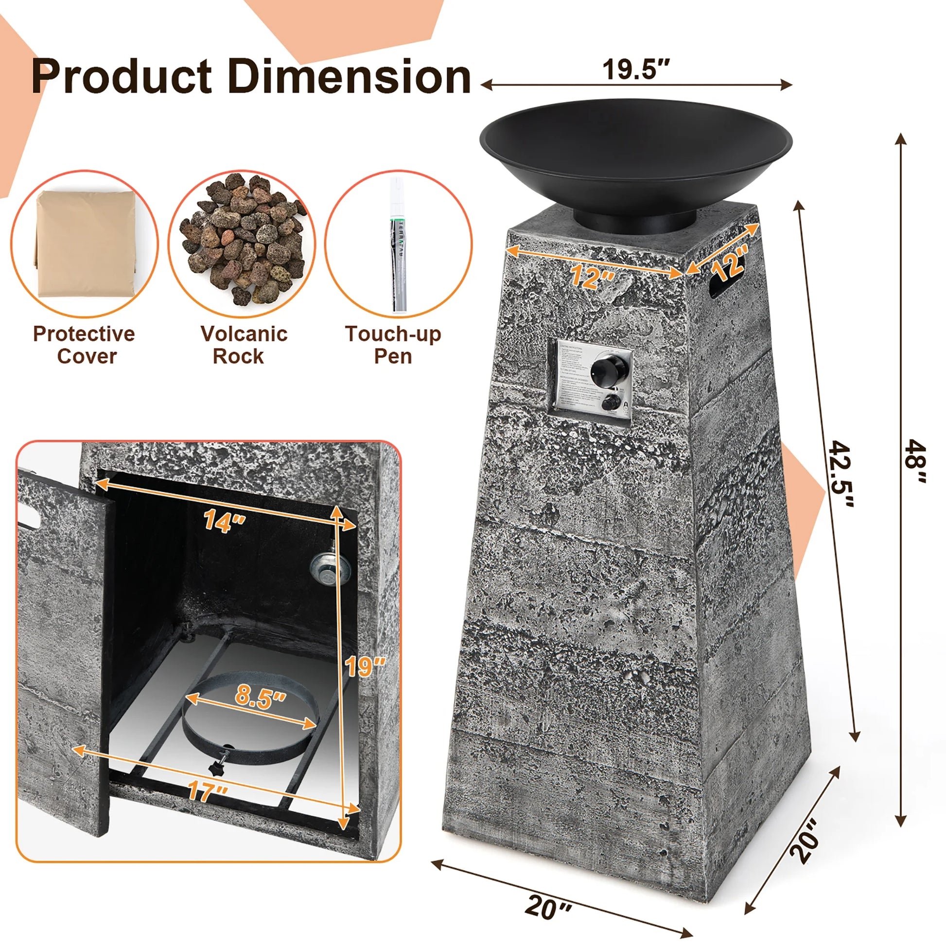 48'' Outdoor Propane Fire Bowl Column W/ Lava Rocks & PVC Cover 30,000 BTU