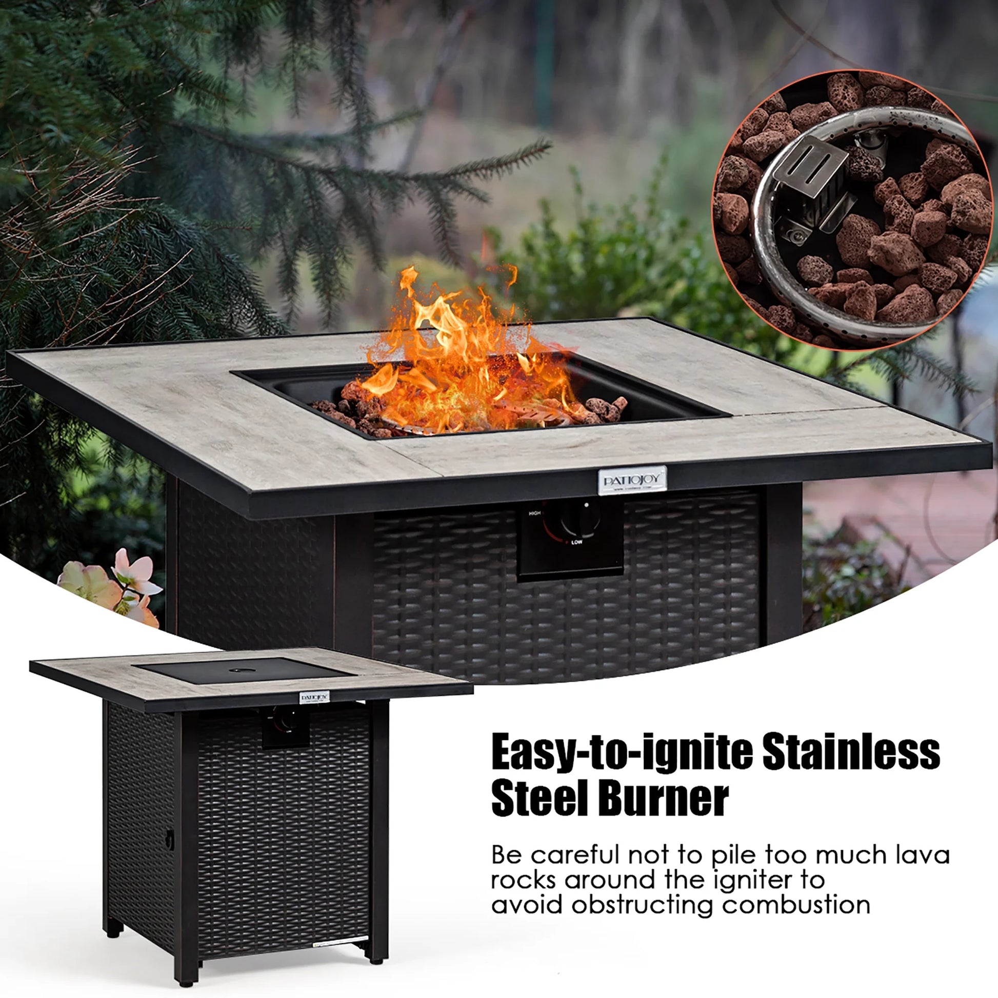 30'' Square Propane Gas Fire Pit Table Ceramic Tabletop 50,000 BTU with Cover