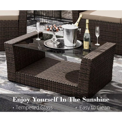 4 Piece Outdoor Patio Conversation Sets, Wicker Patio Furniture with Rattan Glass Table,Cushioned Patio Furniture Set for Garden