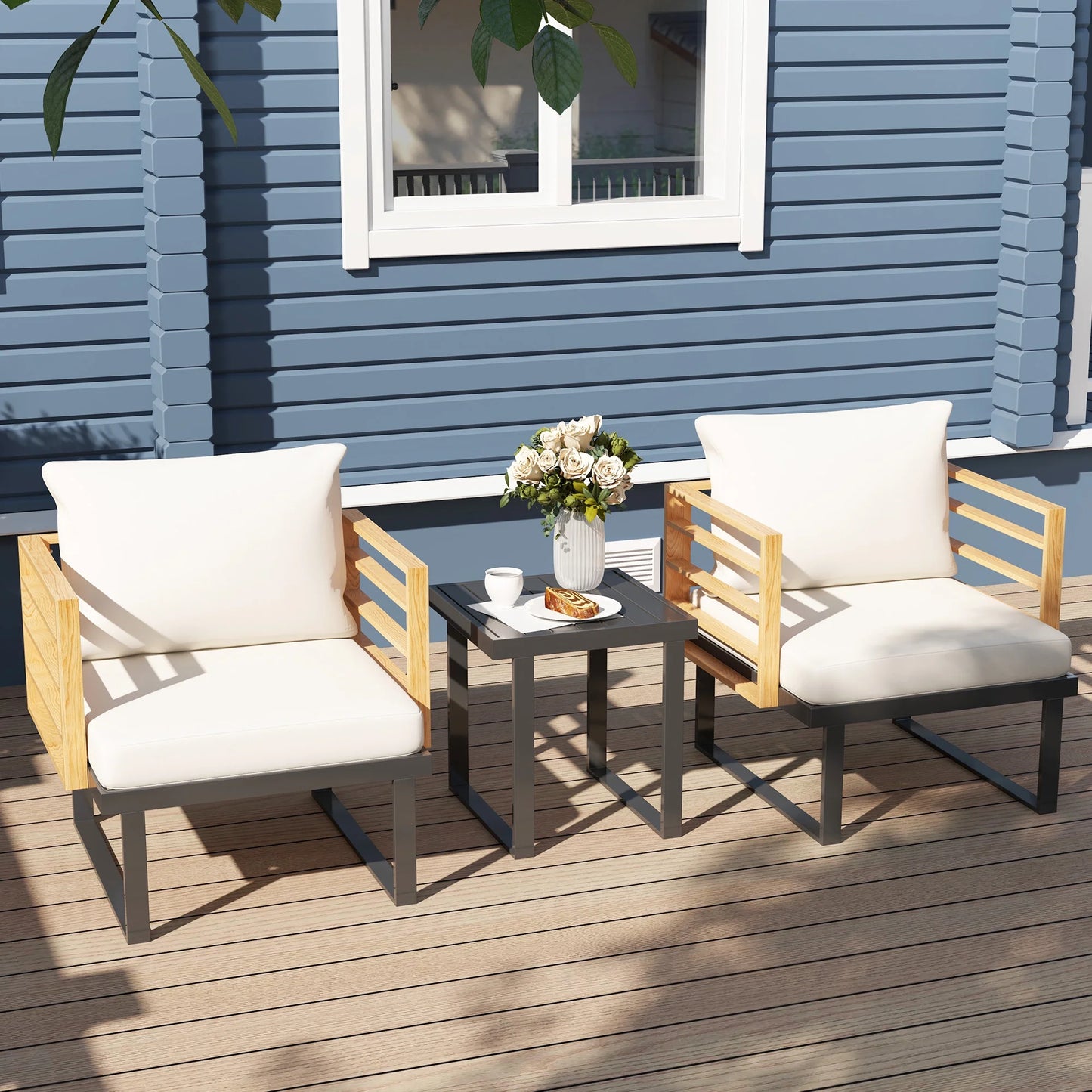3 Pieces Outdoor Bistro Set, Metal Patio Furniture with Cushions, Armchairs and Slatted Table, Small Patio Set for Balcony, Porch, Beige