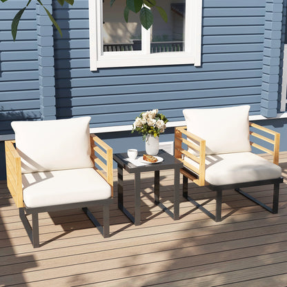 3 Pieces Outdoor Bistro Set, Metal Patio Furniture with Cushions, Armchairs and Slatted Table, Small Patio Set for Balcony, Porch, Beige