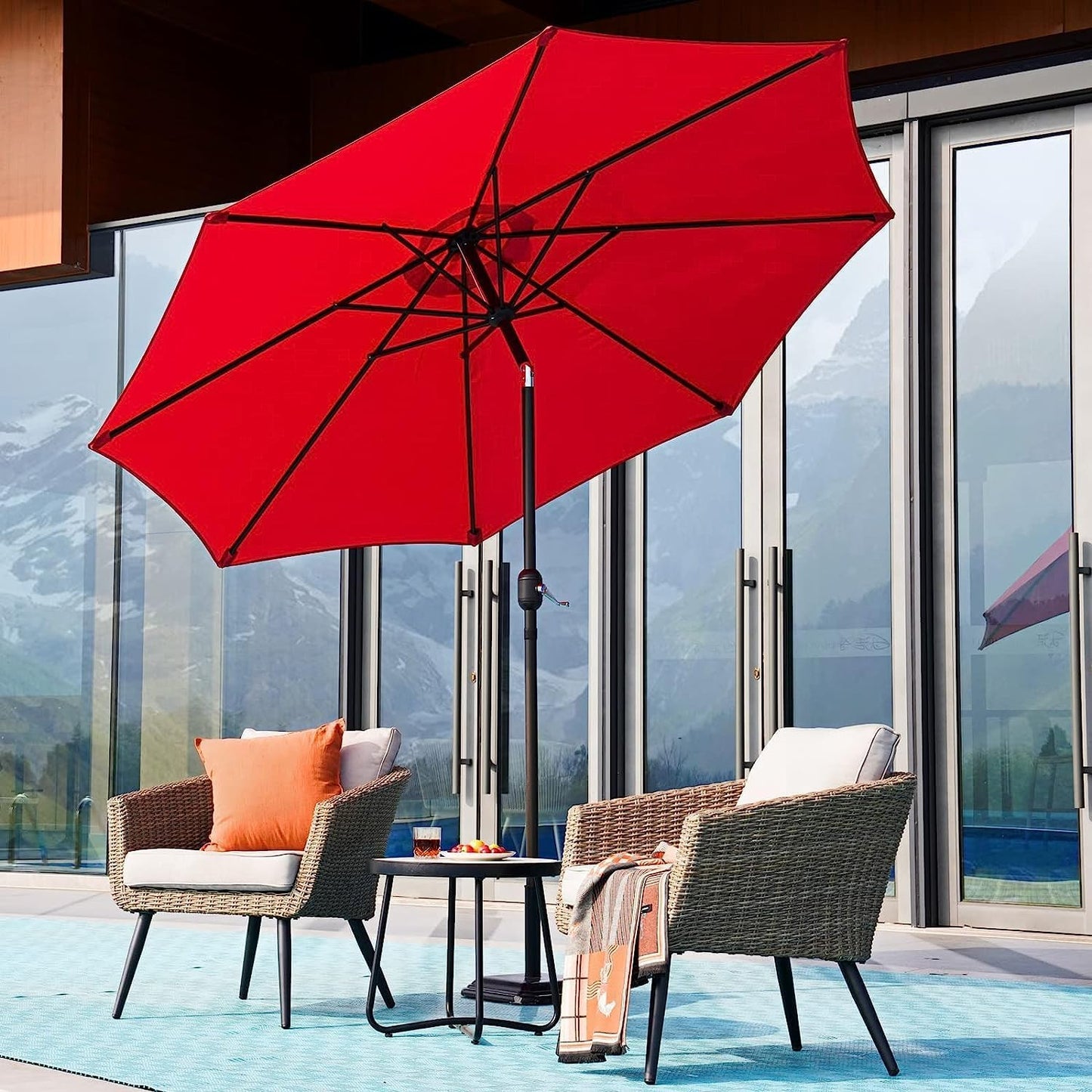 9 FT Enhanced Aluminum Patio Umbrella, UV Protected Outdoor Umbrella with Auto Crank and Push Button Tilt, Red