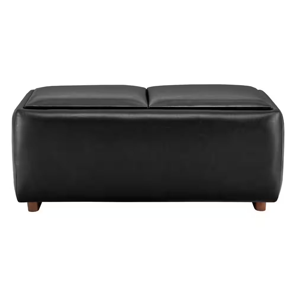 Calista Black Leather Tray Top Storage Ottoman with for Living Room and Bed Room