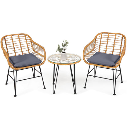 3PCS Patio Rattan Bistro Furniture Set Cushioned Chair Table Grey