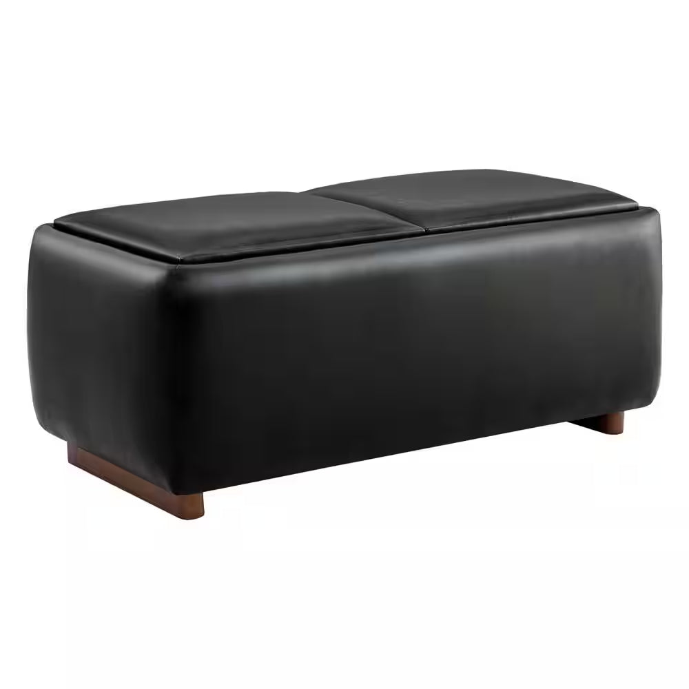 Calista Black Leather Tray Top Storage Ottoman with for Living Room and Bed Room