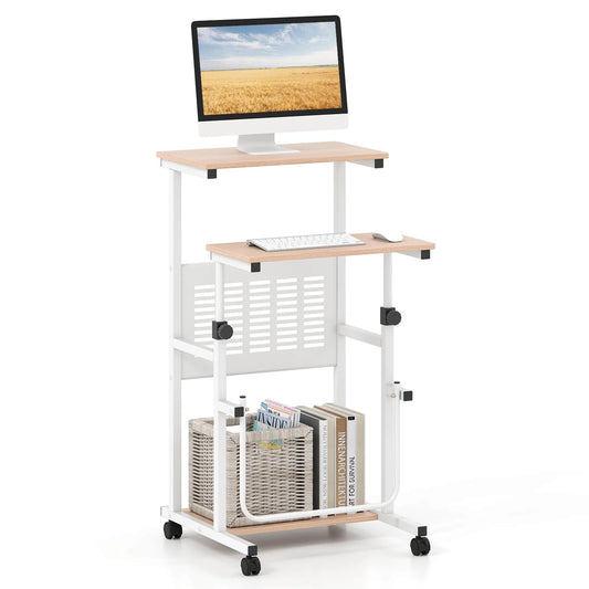 Adjustable Standing Desk with Footrest Mesh Panel Lockable Wheels Sit Home Office