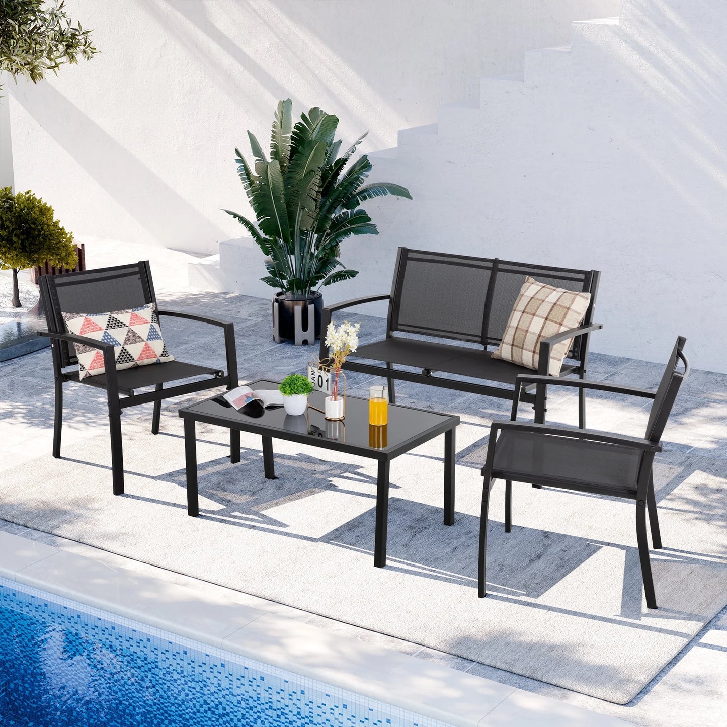 4 Pieces Outdoor Furniture Set All Weather Patio Textilene Steel Conversation Set, Patio Furniture Set Bistro Set with Loveseat Ea Table for Lawn and Balcony, Gray
