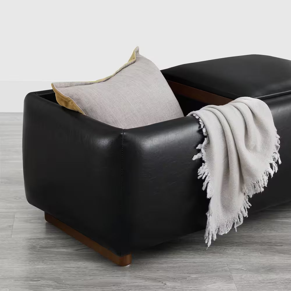 Calista Black Leather Tray Top Storage Ottoman with for Living Room and Bed Room