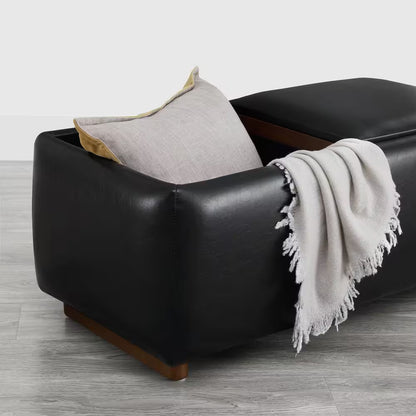Calista Black Leather Tray Top Storage Ottoman with for Living Room and Bed Room