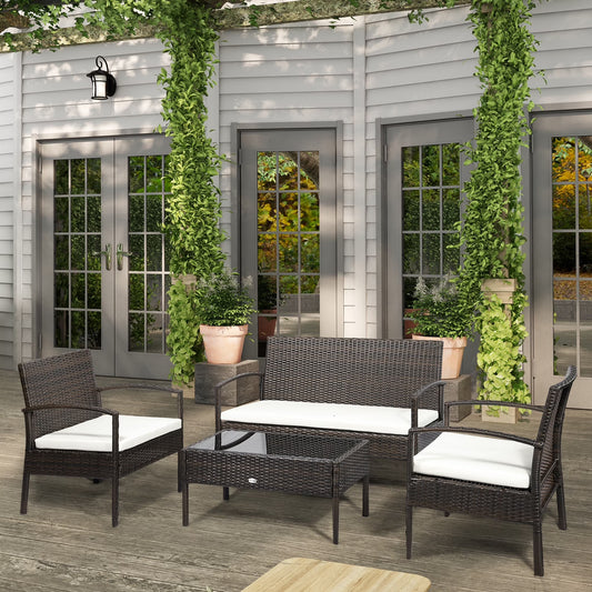 Patio Furniture Set, 4 Piece Indoor Outdoor PE Wicker Conversation Set with Chairs, Loveseat Sofa, Cushions, Glass Table, Brown