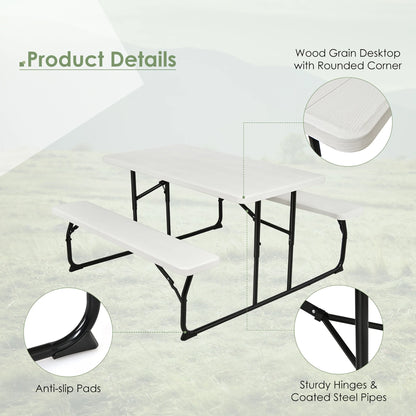 Folding Metal Picnic Table Set, White