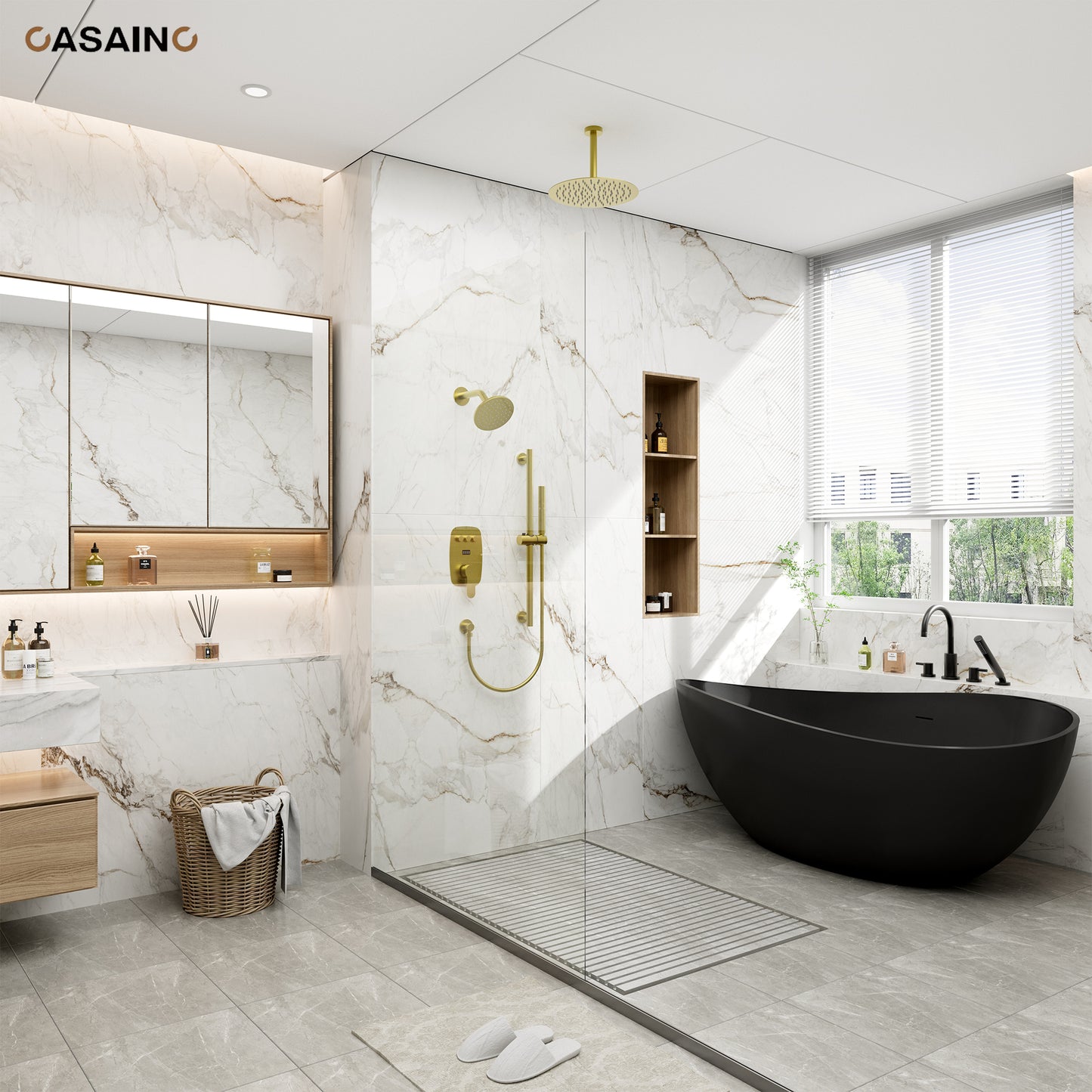 CASAINC 12 inch Ceiling Mounted Round Shower System with Handheld Spray Grab Bar & Shower Head