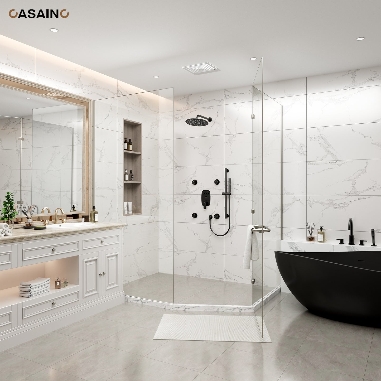CASAINC 12 inch Wall Mounted Round Shower System Set with Handheld Spray Grab Bar & 4 Body Jets
