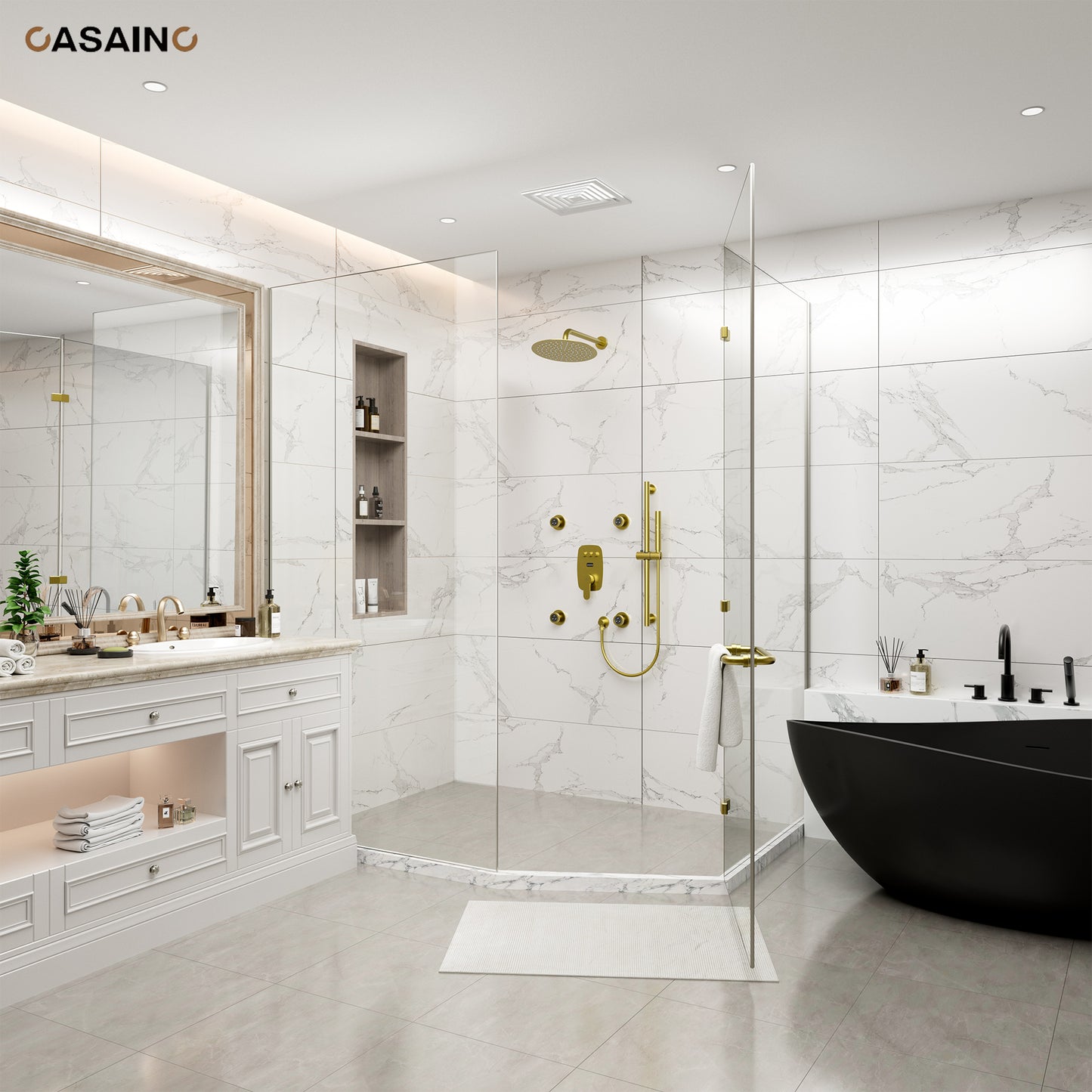 CASAINC 12 inch Wall Mounted Round Shower System Set with Handheld Spray Grab Bar & 4 Body Jets