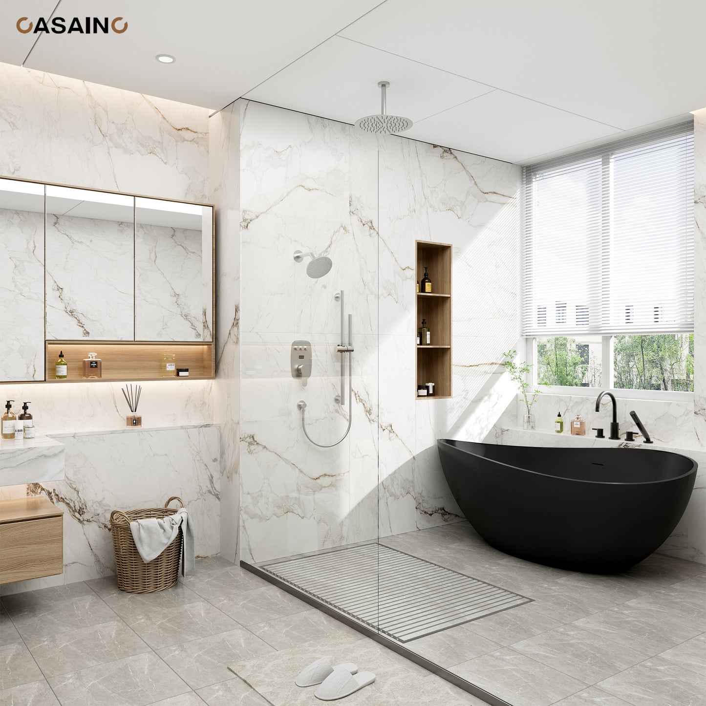 CASAINC 12 inch Ceiling Mounted Round Shower System with Handheld Spray Grab Bar & Shower Head