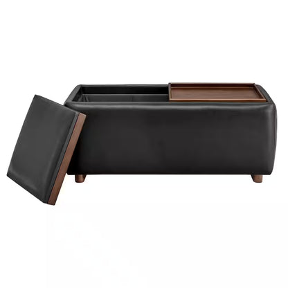 Calista Black Leather Tray Top Storage Ottoman with for Living Room and Bed Room