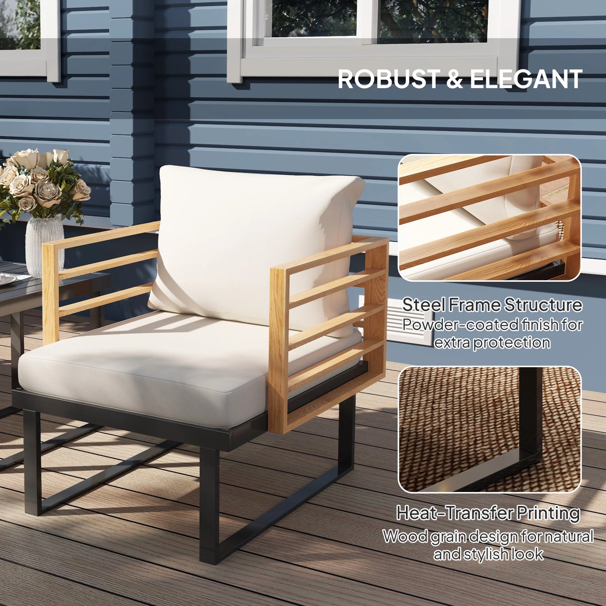 3 Pieces Outdoor Bistro Set, Metal Patio Furniture with Cushions, Armchairs and Slatted Table, Small Patio Set for Balcony, Porch, Beige
