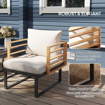 3 Pieces Outdoor Bistro Set, Metal Patio Furniture with Cushions, Armchairs and Slatted Table, Small Patio Set for Balcony, Porch, Beige