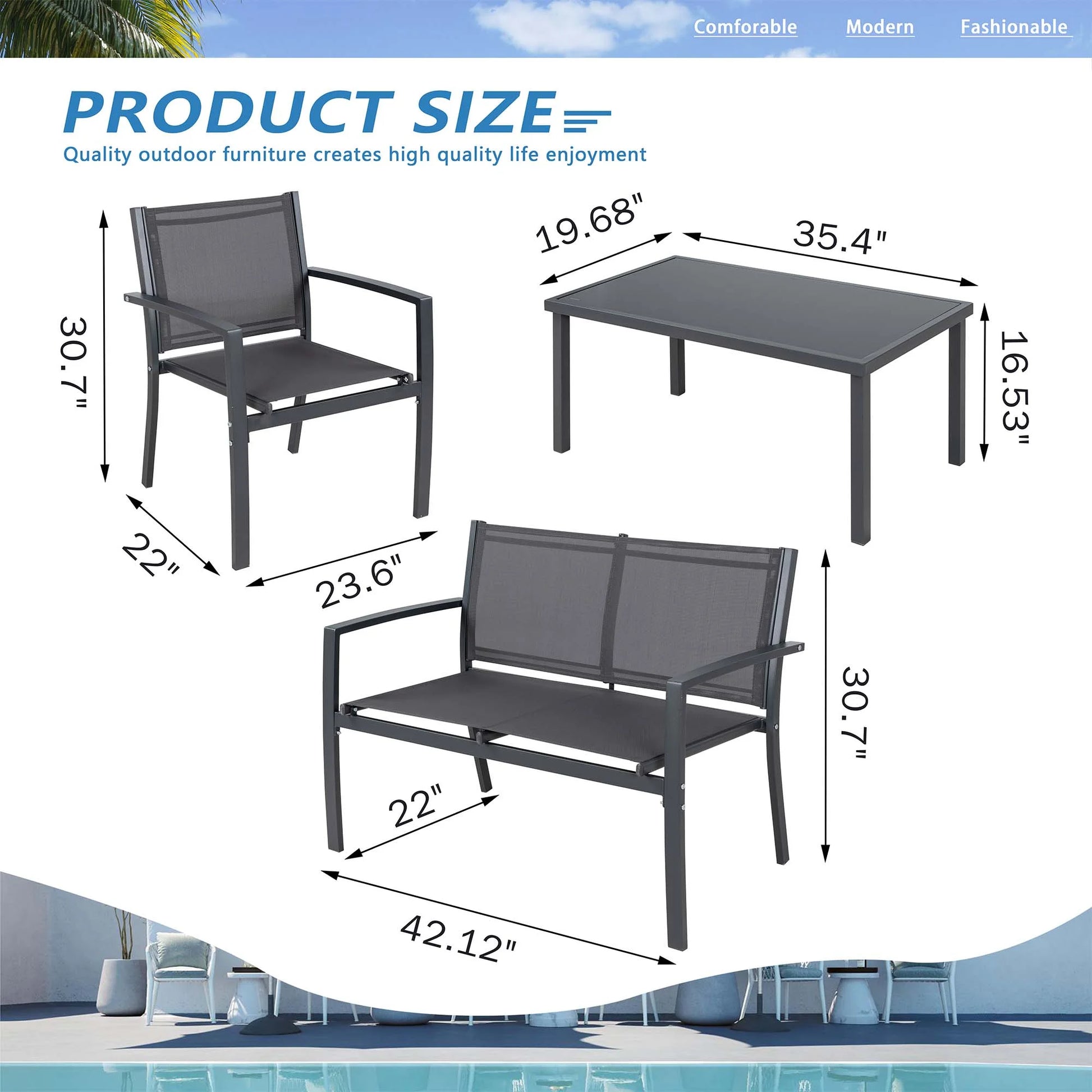 4 Pieces Outdoor Furniture Set All Weather Patio Textilene Steel Conversation Set, Patio Furniture Set Bistro Set with Loveseat Ea Table for Lawn and Balcony, Gray