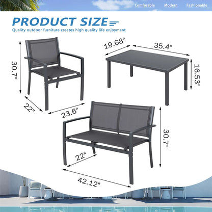 4 Pieces Outdoor Furniture Set All Weather Patio Textilene Steel Conversation Set, Patio Furniture Set Bistro Set with Loveseat Ea Table for Lawn and Balcony, Gray