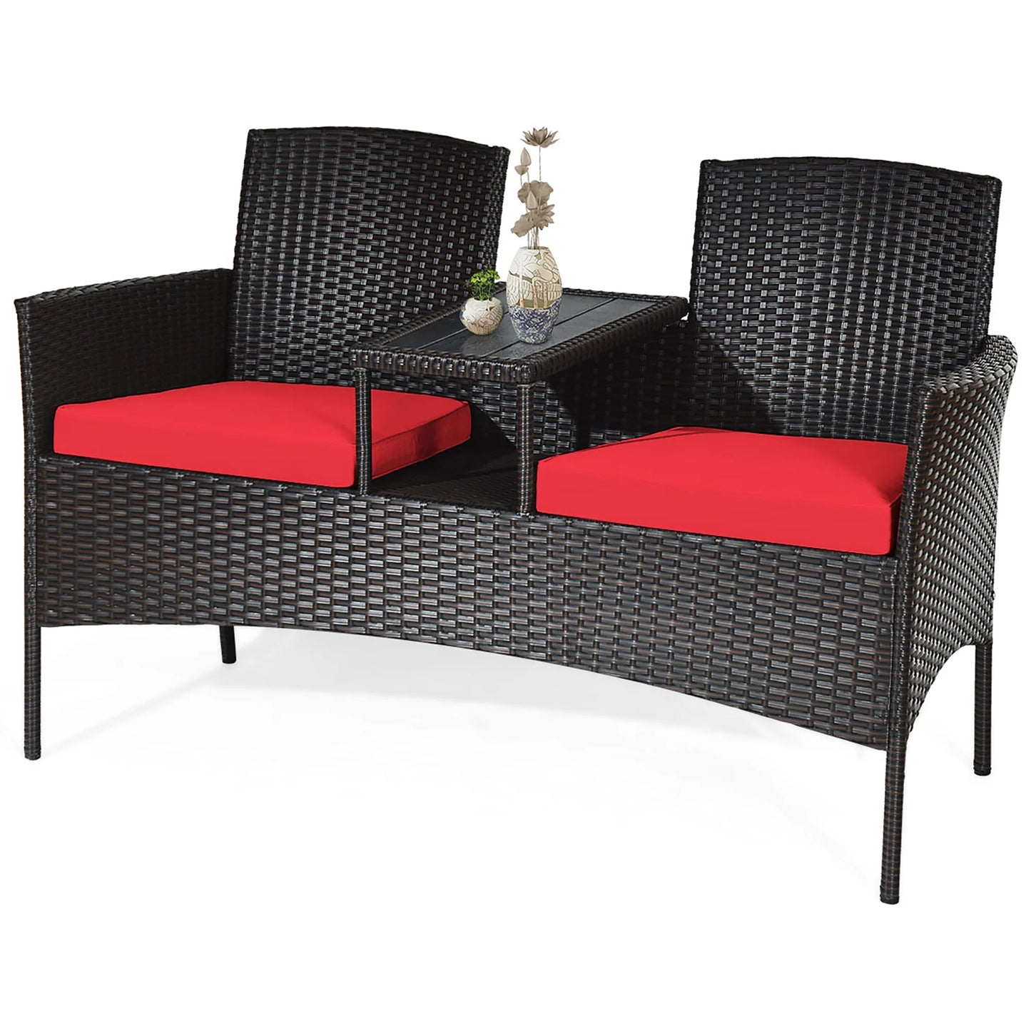Patio Rattan Loveseat Sofa Cushioned Coffee Table Red