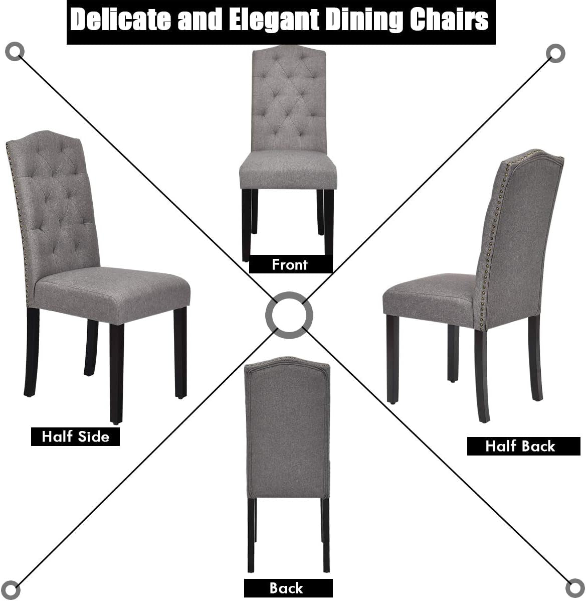 Dining Chairs Set of 2, Tufted Fabric Dining Room Chairs with Nailed Head, Parsons Chairs with Padded Seat, Tall Backrest, Modern Upholstered Armless Dining Chairs for Kitchen, Dining Room