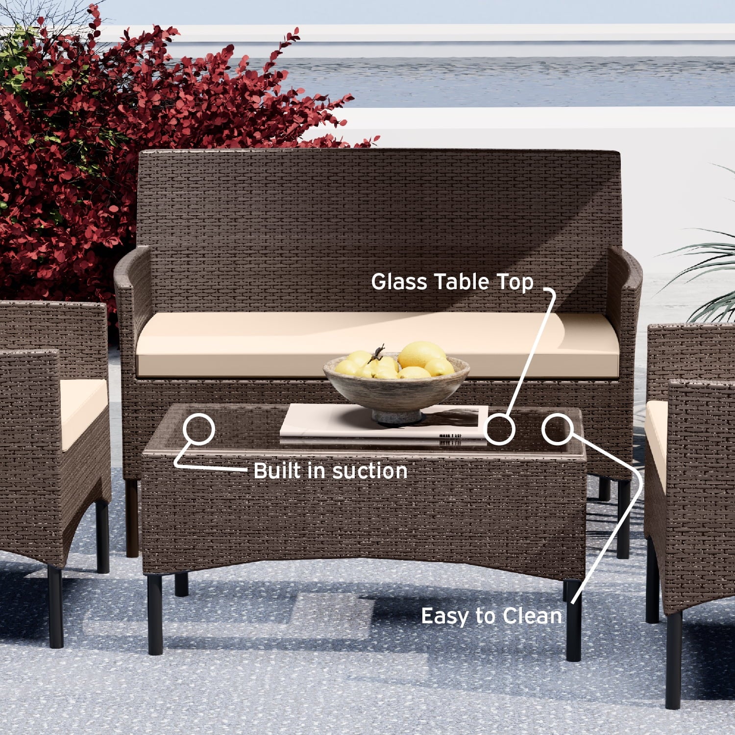Outdoor Furniture Set, 4 Piece Wicker Patio Chairs Set, Brown with Beige Cushions
