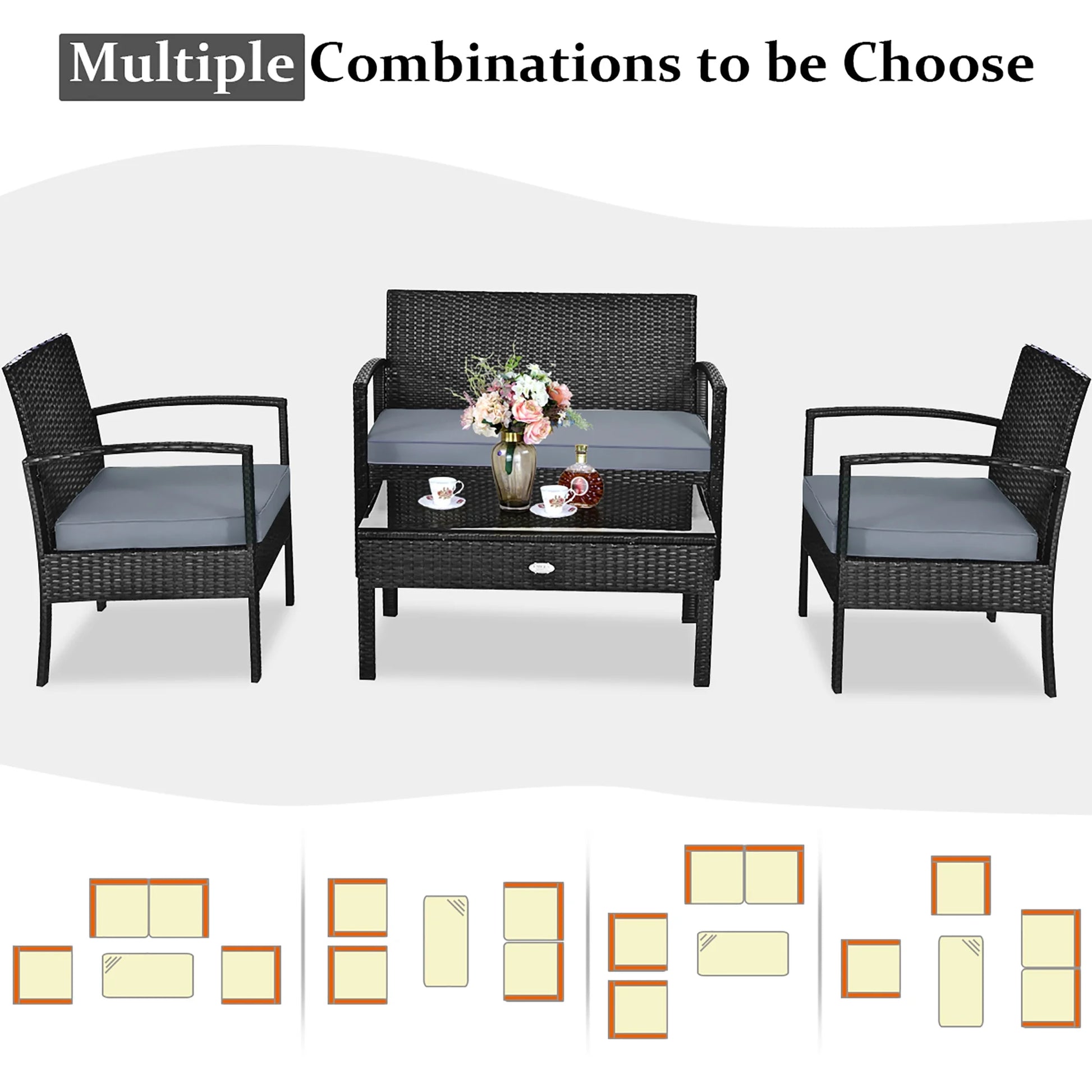 HW63756 4PCS Patio Rattan Furniture Set Garden Deck
