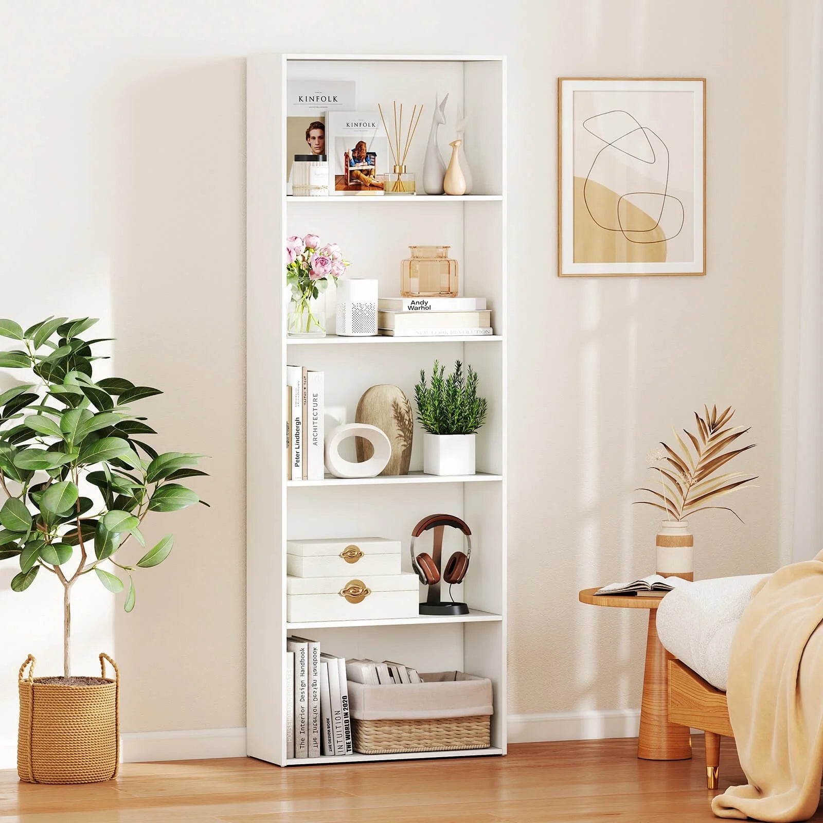 5-Shelf Storage Bookcase Modern Multi-Functional Display Cabinet Furniture White