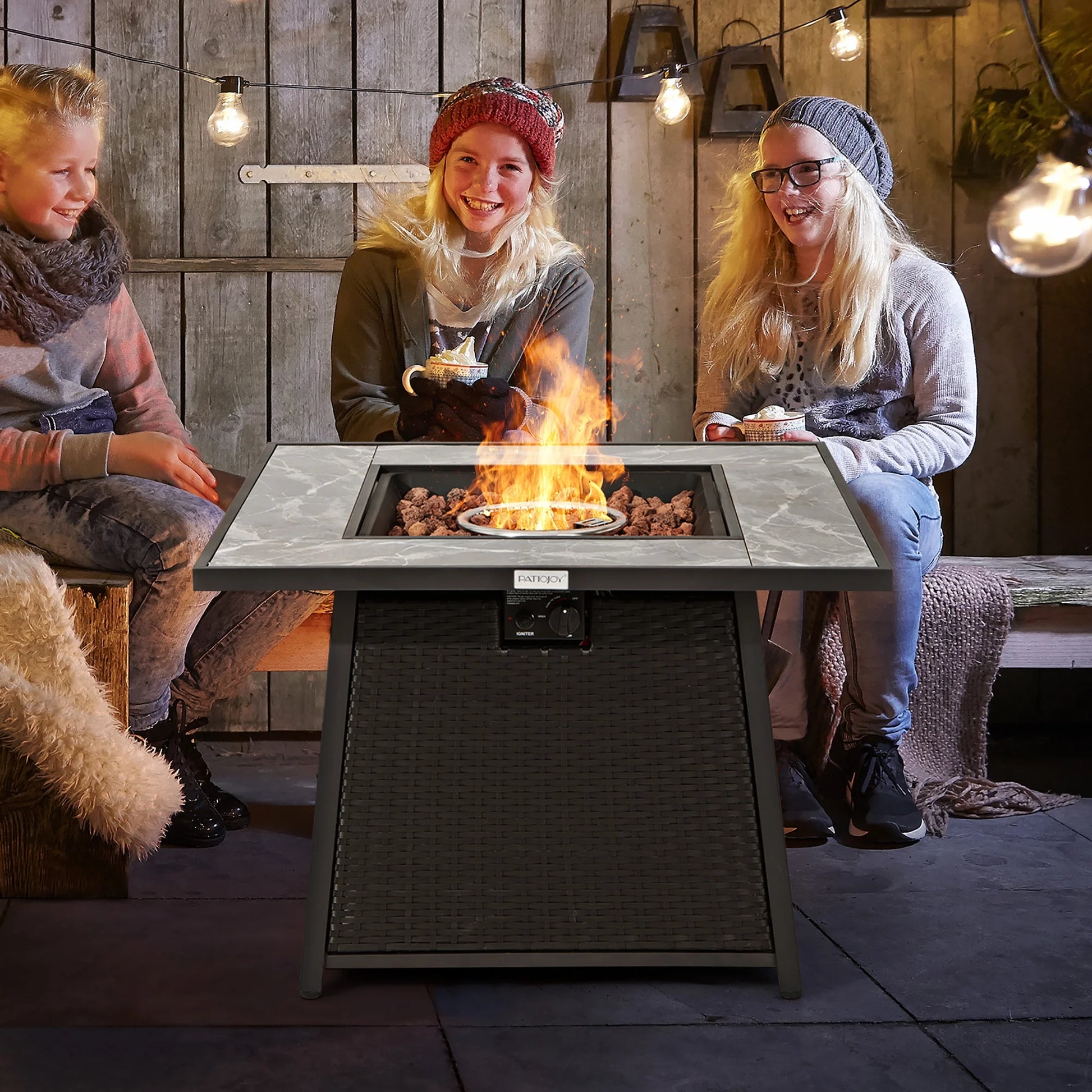 35'' Propane Gas Fire Pit Table Patio PE Wicker Rattan W/ Lava Rocks PVC Cover