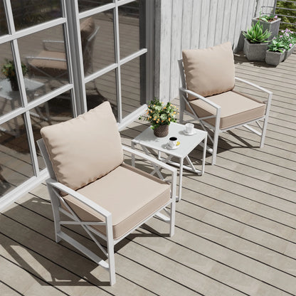 3-Piece Patio Furniture Set, Outdoor Conversation Furniture Set with Matching Side Table, Metal Sofa Chairs Detachable Cushions Khaki
