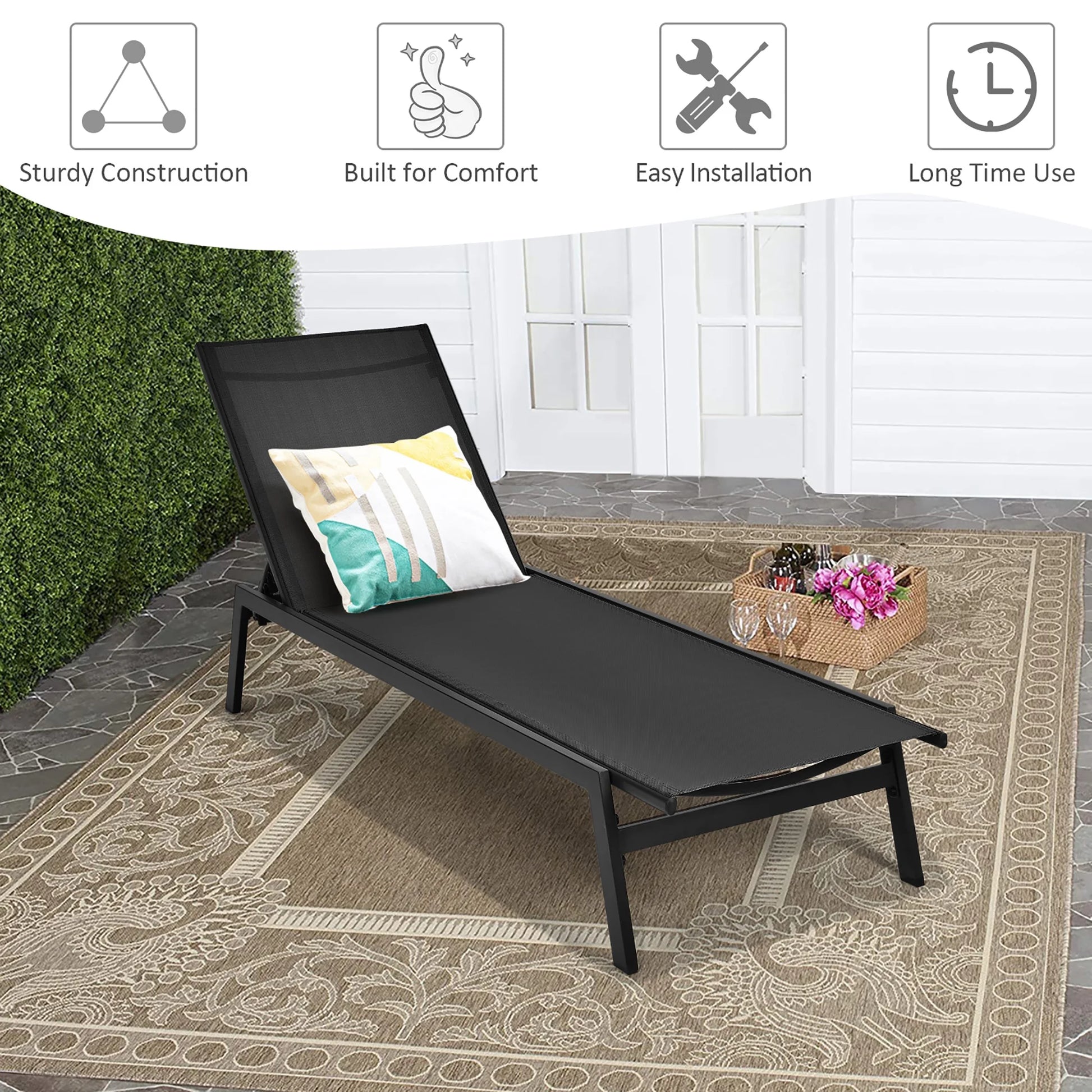 Patio Lounge Chair Chaise Recliner Back Adjustable Garden Deck Black
