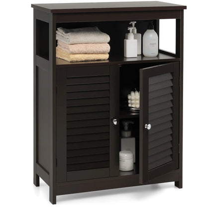 Bathroom Storage Wood Floor Cabinet with Double Shutter Door Coffee