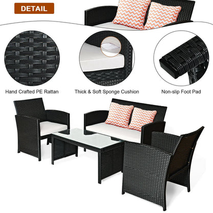 4-Piece Rattan Outdoor Conversation Set with Sofa and Coffee Table, Black