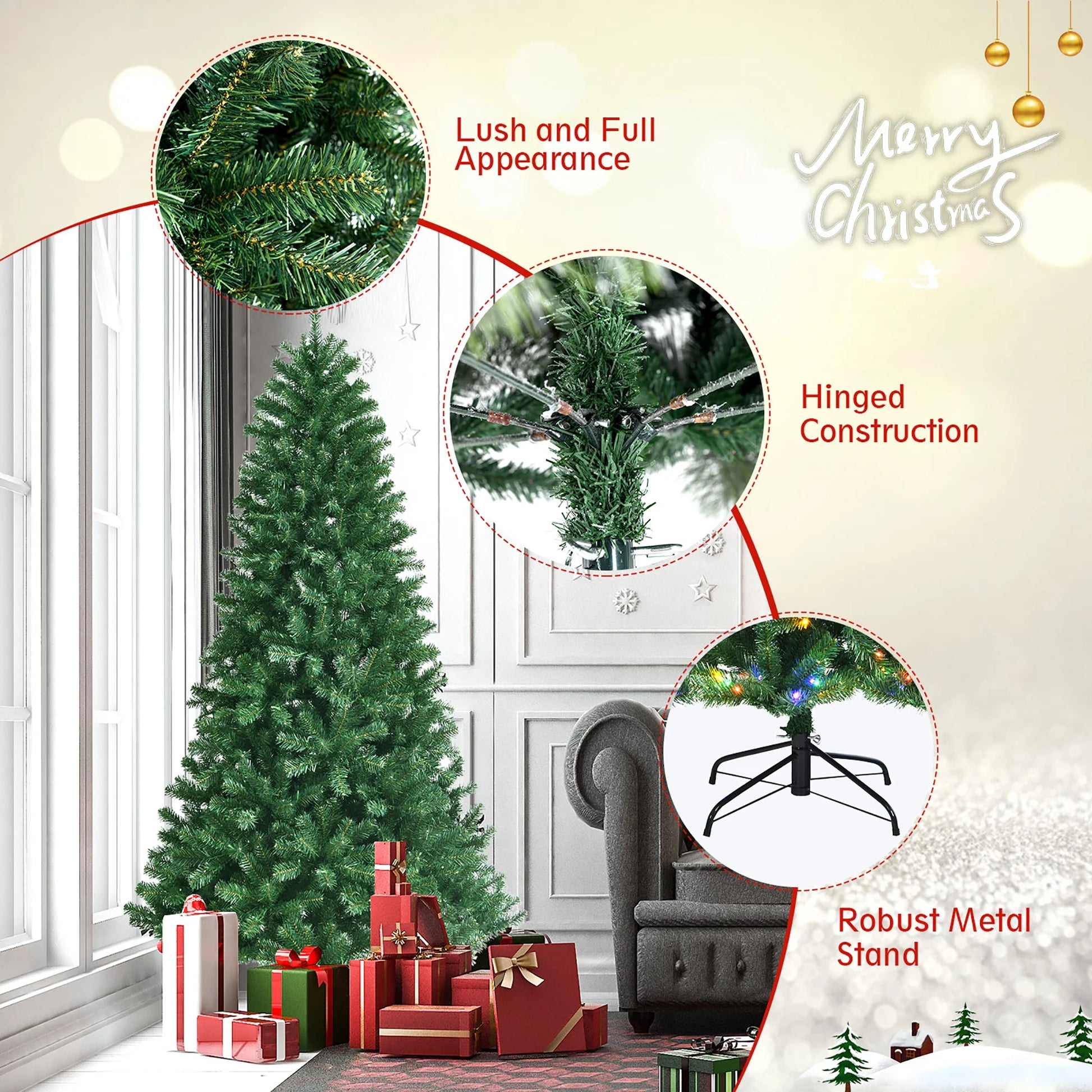 7Ft Pre-Lit Hinged Christmas Tree W/ Remote Control & 9 Lighting Modes