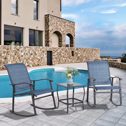 3 Pieces Rocking Bistro Patio Furniture Rocker Set with 2 Outdoor Rocking Chairs and 1 Glass Coffee Table for Porch Deck Lawn,Deep Blue