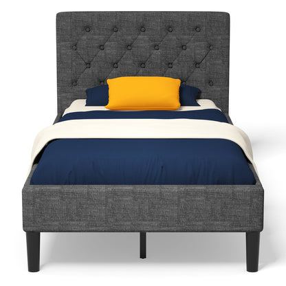 Twin Upholstered Bed Frame Diamond Stitched Headboard Wood Slat Support