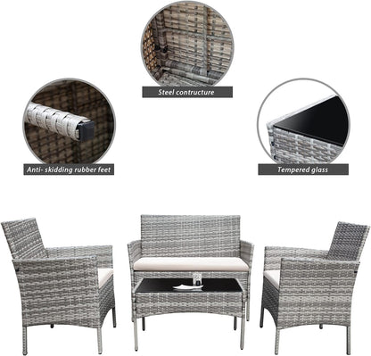 4 Pieces Outdoor Patio Furniture Sets Rattan Chair Wicker Set,Outdoor Indoor Use Backyard Porch Garden Poolside Balcony Furniture (Grey and Beige)