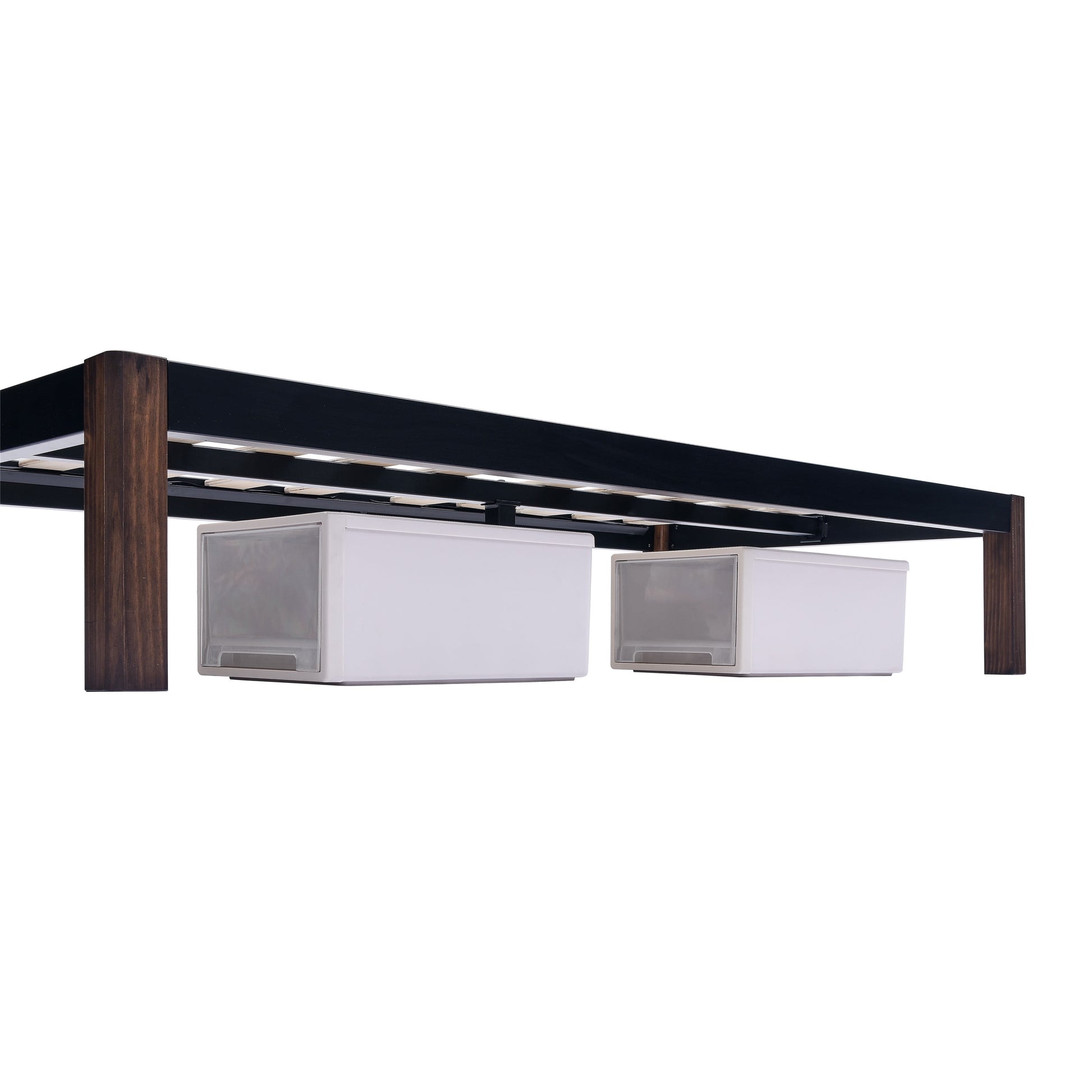 Queen 14" Metal Platform Bed Frame with Wood Slats, Storage Space under Frame, No Box Spring Required, Black/Wood